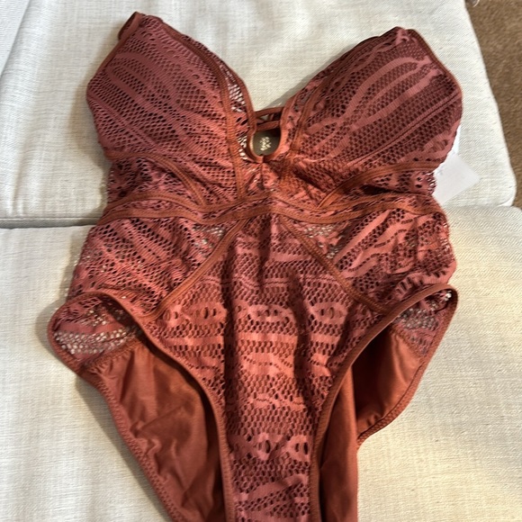 BECCA Color Play - Women's One Piece Swimsuit, Plunge, Crochet, Bronzed, X-Large - Picture 11 of 11